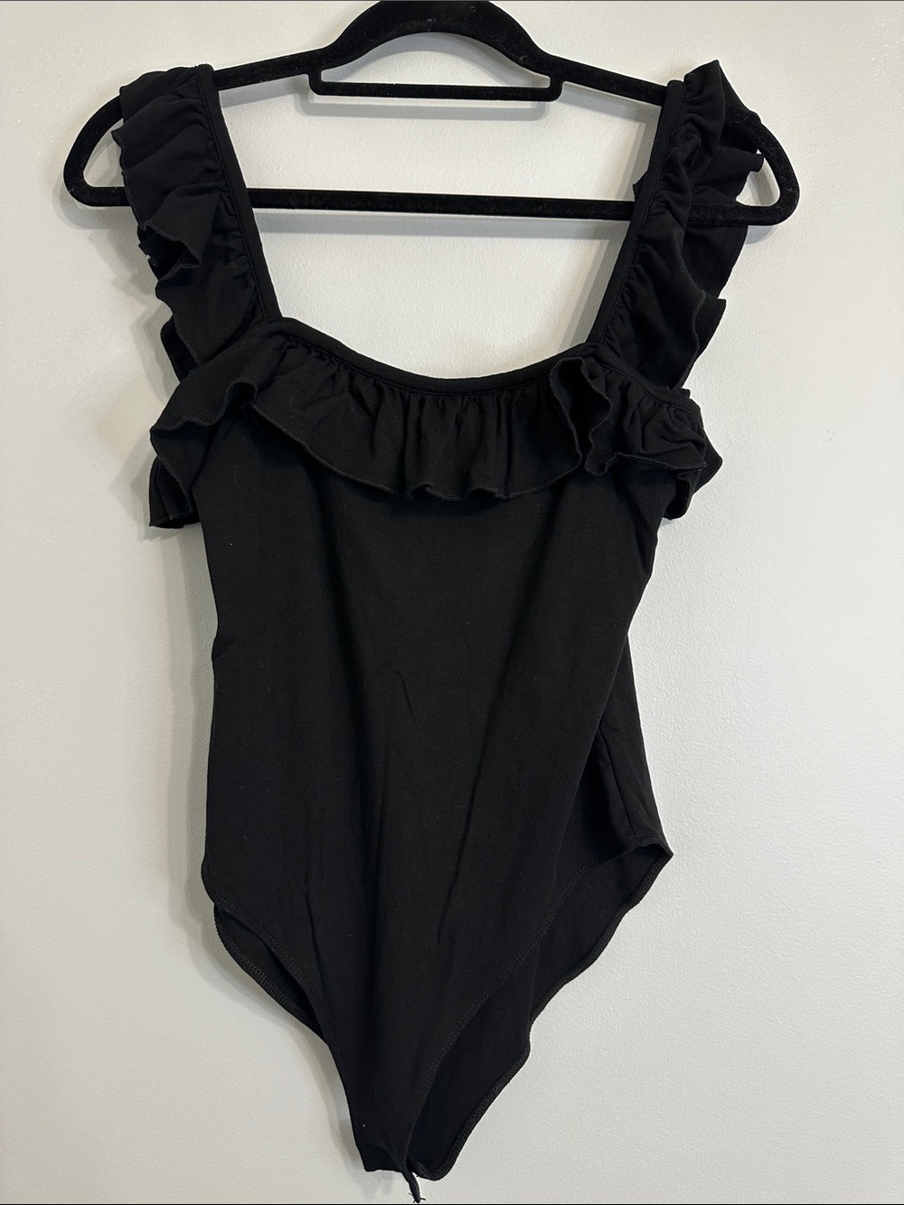 NWOT Ruffled Strap Black Bodysuit